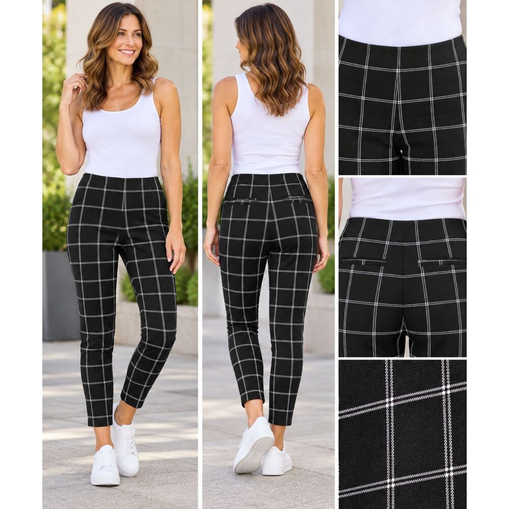 Calvin Klein Women Size 8 Black White Windowpane Plaid Pull On Skinny Pants #28